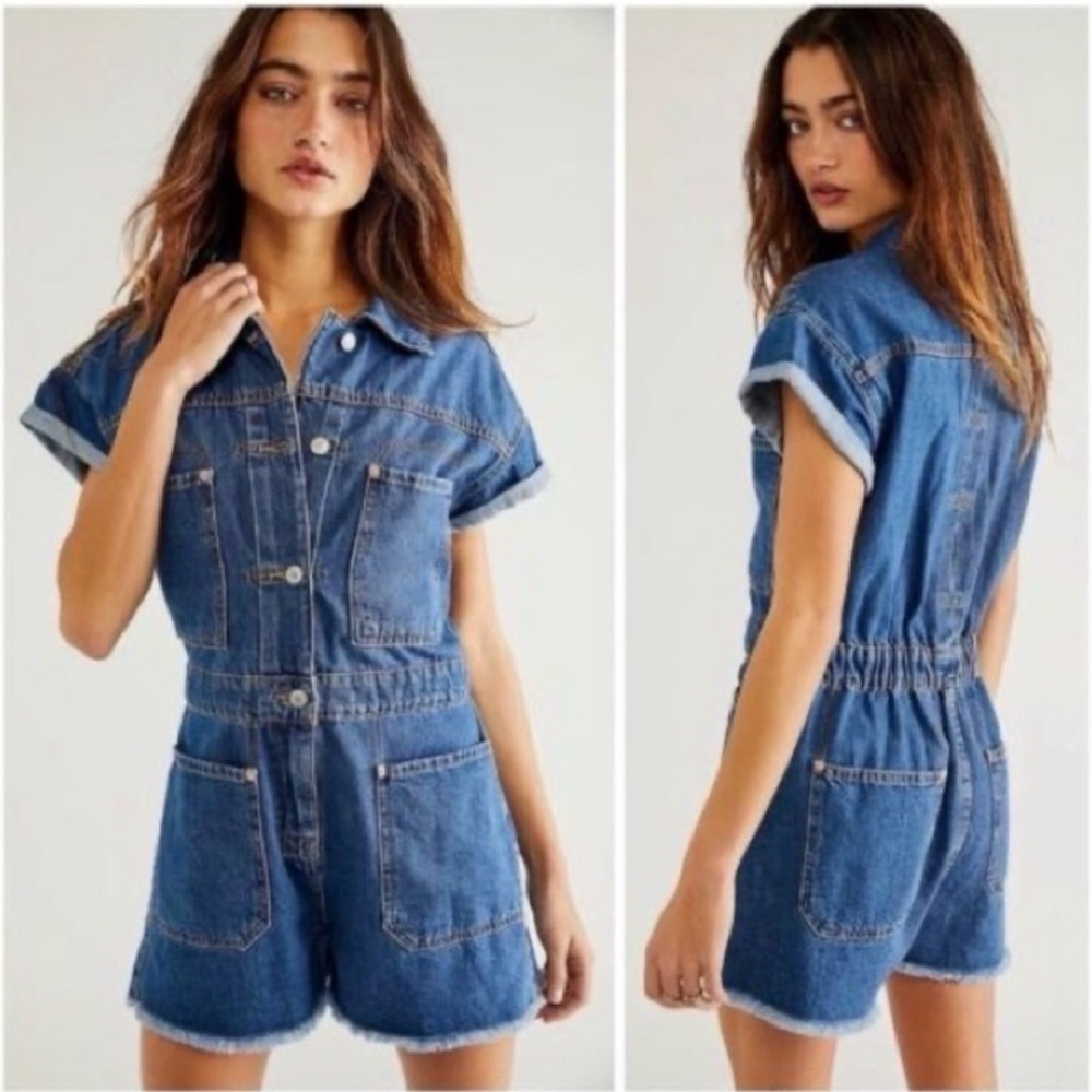 We The Free People Blue Denim Work Hard Play Harder Shortalls Romper Size M